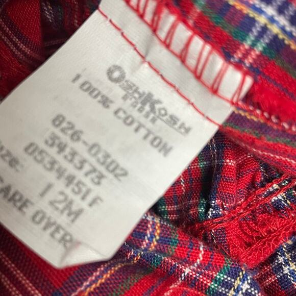 Vintage OshKosh Red Plaid Overalls Size 12 Months Button Shoulders VTG - Picture 3 of 3